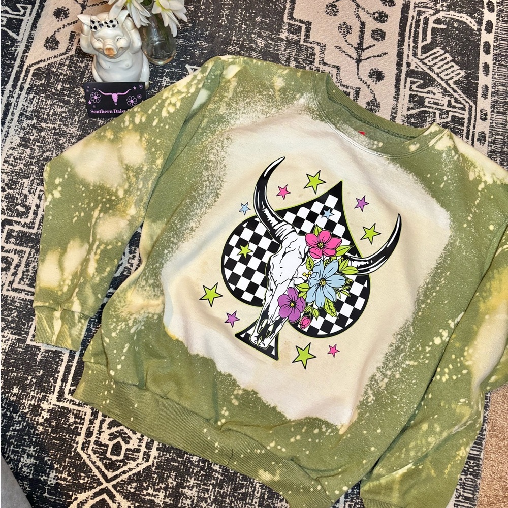 Green Tie-Dye Sweatshirt with Bull Skull Graphic